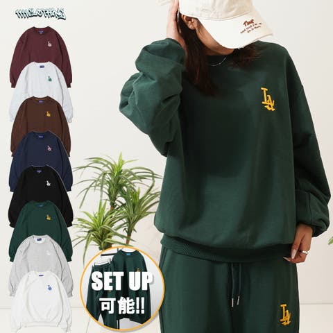 ONE 4 PREMIUM(ワンフォープレミアム) | LA ロゴ刺繍 ルーズ スウェット メンズ トレーナー レディース スエット 綿100 裏毛 裏パイル セットアップ 可能 クルーネック トップス ルームウェア ゆったり 秋冬 秋服 秋 春 春服 韓国ファッション ストリート系 ブランド ストリートファッション