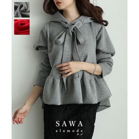 Sawa a la mode（サワアラモード） | 可愛さに溺れるリボンタイ付きペプラムフーディートップス レディース ファッション トップス トレーナー プルオーバー 大人可愛い 40代 50代 60代 ミセスファッション サワアラモード sawaalamode otona mode-9847