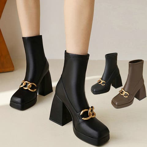 aimoha （アイモハ） | チェーン厚底太ヒールショートブーツ 韓国ファッション ハイウエスト セクシー スカート ショート丈トップス 長袖 秋服 冬服 春夏秋冬 ブーツ ロングワンピース 結婚式 二次会 Jasmine Grandiflorum【Jasmine】【AW】
