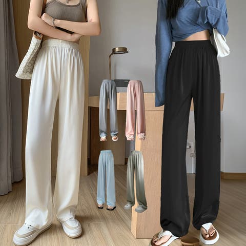 aimoha （アイモハ） | リラックス　ワイドレッグ サテンパンツ ワイドパンツ 韓国ファッション ワンピース ハイウエスト スウェットパンツ ストレートパンツ 春服 ショート丈トップス 秋服 冬服 春夏秋冬