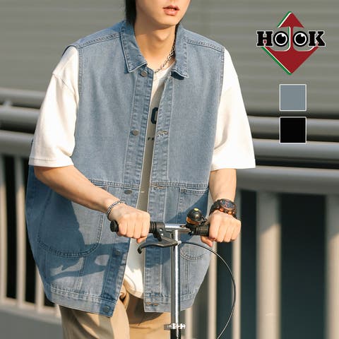 HOOK（フック） | HOOK- アメカジデニムノースリーブジャケットベスト カップル ペアルック スタジャン パッチワーク柄 冬 秋 ビッグシルエット メンズ レディース オーバーサイズ ユニセックス 韓国ファッション ストリート アメカジ