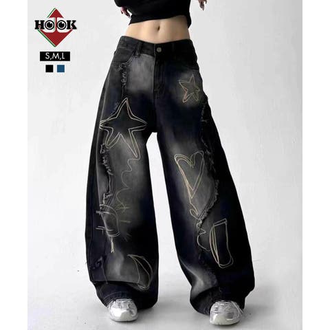 HOOK（フック） | グラフィックステッチ ダメージ加工 デニムパンツ
