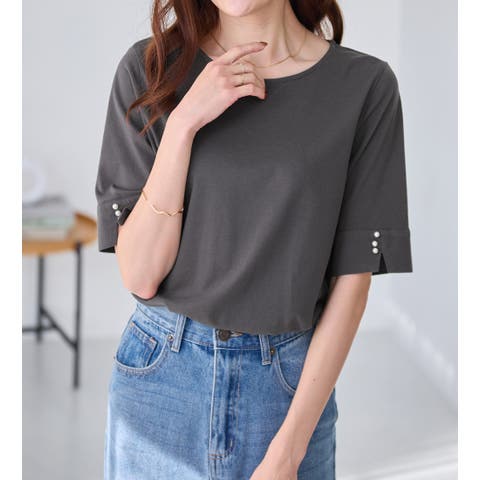 alotta（アロッタ） | ５分袖パール調ボタンＴシャツ