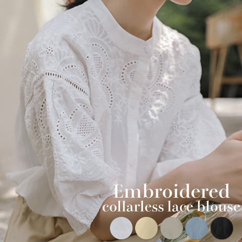 JUNOAH（ジュノア） | 刺繍ノーカラーレースブラウス 韓国ファッション