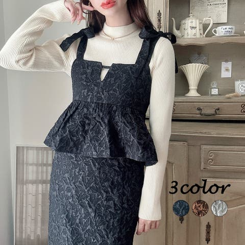 JUNOAH(ジュノア) | Meiru 肩リボンジャガードペプラムキャミワンピース