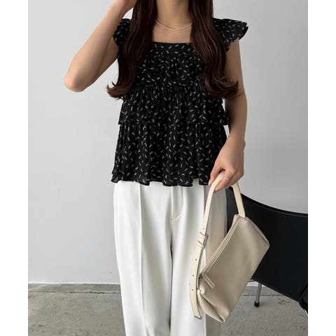 JUNOAH（ジュノア） | callautia　花柄ノースリーブフリルトップス