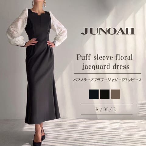 JUNOAH(ジュノア) | パフスリーブフラワージャガードワンピース(裏地なし)