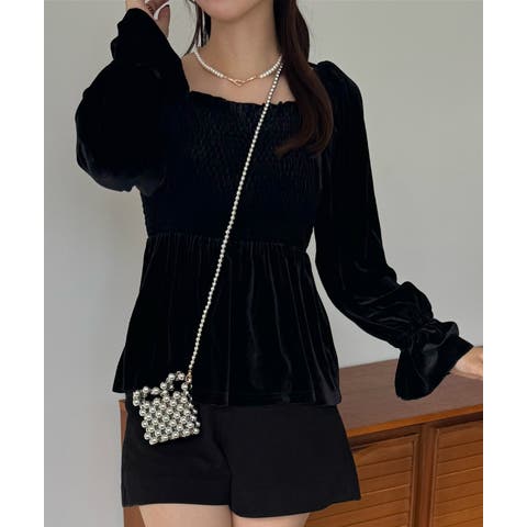 JUNOAH(ジュノア) | シャーリングベロア肩リボンブラウス