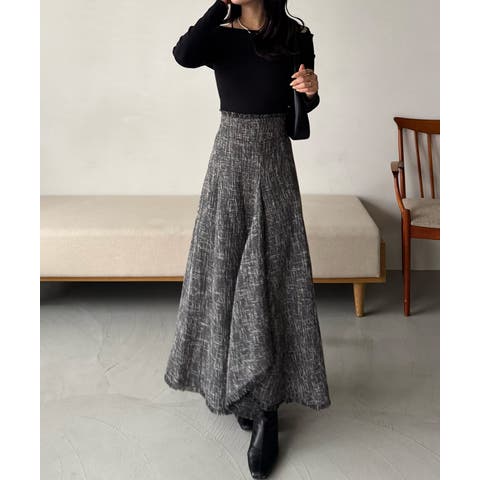 JUNOAH（ジュノア） | ハイウエストツイードフリンジフレアスカート