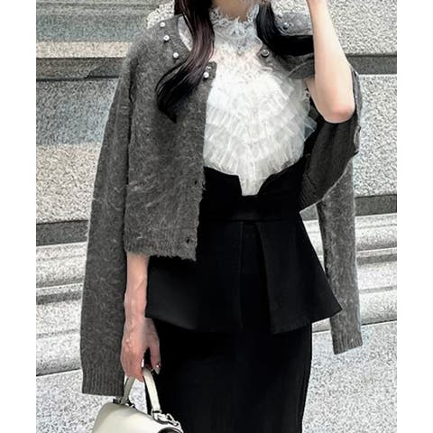 JUNOAH(ジュノア) | パールビジューネックニットカーディガン(薄手)