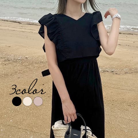 黒 フリルスリーブ ベスト meilmada ベスト ジレ 麻混ソフトシアーフリルベスト レディース