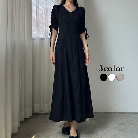 Louere（ルエレ） | Louere　楊柳ギャザースリーブVネックワンピース【ペチスカートセット】