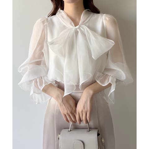 JUNOAH(ジュノア) | mipiarl  シアーキャンディースリーブボウタイブラウス