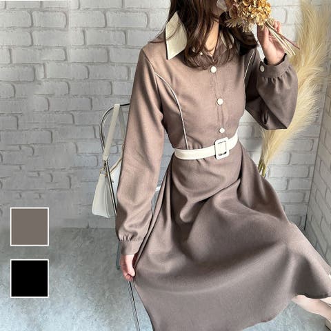 Dewlily（デューリリー） | 襟付きバイカラーワンピース レディース ワンピース 長袖 バイカラー 上品 カジュアル シンプル 秋冬 トレンド 人気 大人 定番 おすすめ