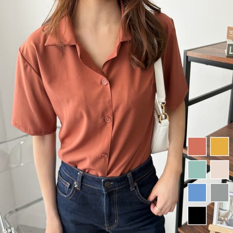 Dewlily(デューリリー) | オープンカラー半袖シャツ レディース 韓国 春夏 シンプル カジュアル ブラウス 無地 おしゃれ 大人 かわいい お出かけ トップス 涼しげ らくちん