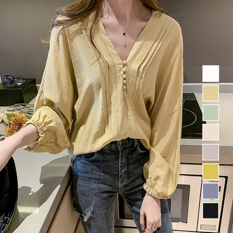 Amulet(アミュレット) | くるみボタンブラウス 長袖 ブラウス シャツ Vネック レディースファッション レディース トップス 綺麗 可愛い ボタン