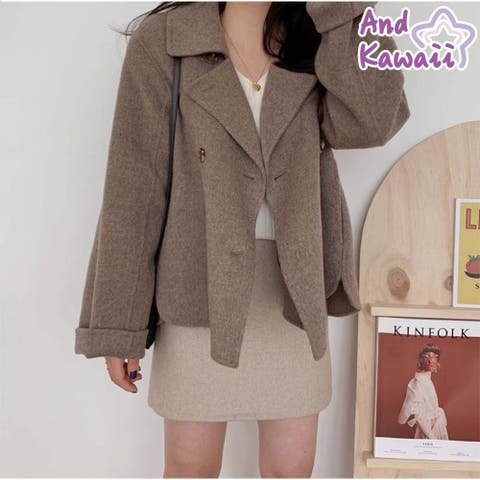 And Kawaii（アンドカワイイ） | ショート丈コート ジャケット ダブルボタン 薄手 長袖 あったか 体型カバー 秋 冬