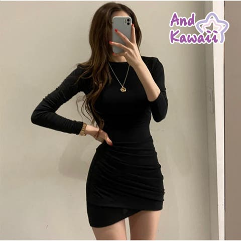 And Kawaii（アンドカワイイ） | ワンピース ギャザー ミニ丈ワンピ 無地 タイト セクシー 春新作 夏 シンプル ラウンドネック レディース 長袖 ミニ丈ワンピース カットソー スリム 着痩せ インナー 韓国風