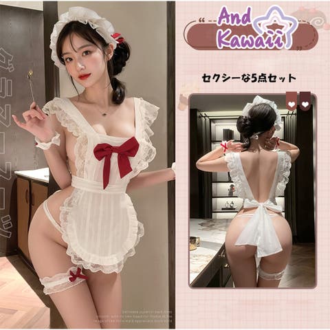 And Kawaii（アンドカワイイ） | ベビードール セクシーメイド風ランジェリー 5点セット レッドリボン 勝負ランジェリー