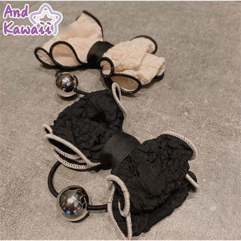 ハンドメイド お花 シュシュ ヘアゴム フラワー ビーズ ブラウン 63  