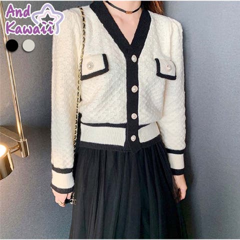 And Kawaii(アンドカワイイ) | カーディガン 長袖 Vネック ショート丈 配色 パールボタン 韓国ファッション