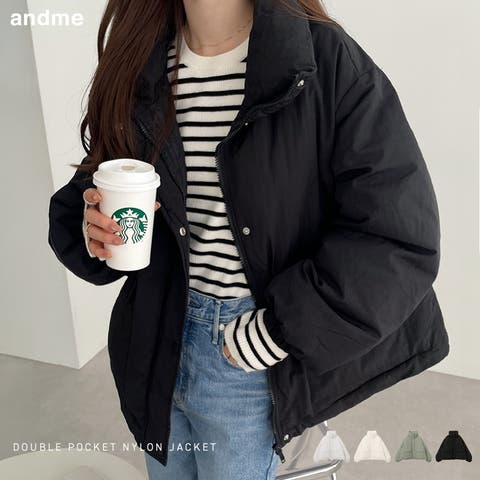 andme(アンドミー) | ダブルポケット ナイロン 中綿 ジャケット レディース アウター コート ダウンコート 羽織り 長袖 オーバーサイズ 体型カバー ミドル丈 ジップ ポケット フェイクダウン カジュアル トレンド 防寒 暖か M L 秋冬 春 秋 冬