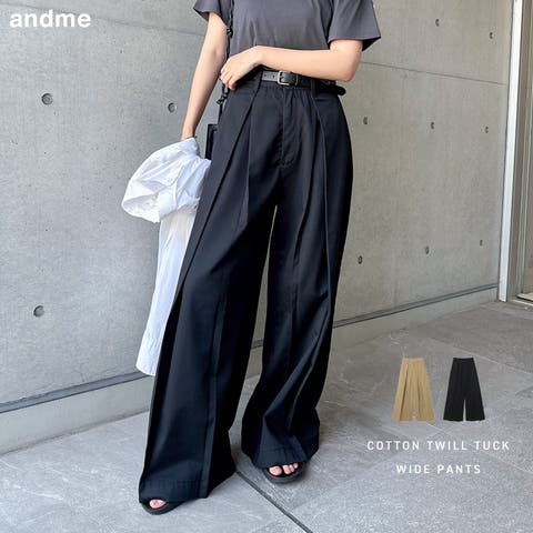 andme（アンドミー） | ツイル タック チノ ワイド パンツ レディース ボトム ワイドパンツ ロングパンツ フロントタック ウエストゴム 体型カバー 太ももカバー ゆったり 楽ちん ハイウエスト ポケット きれいめ オフィス カジュアル トレンド M L 春夏 秋冬 春 夏 秋 冬