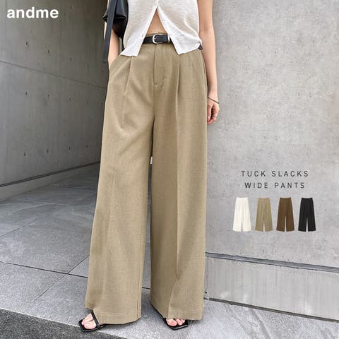 andme（アンドミー） | タック スラックス ワイド パンツ レディース ボトム ワイドパンツ タックパンツ リネンパンツ ズボン ウエストゴム 体型カバー 太ももカバー ゆったり 楽ちん ハイウエスト 美脚 ポケット きれいめ オフィス カジュアル セットアップ M L 春夏 秋冬 春 夏 秋 冬