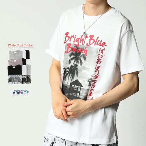 ARCADE（アーケード） | プリントTシャツ メンズ 半袖 Tシャツ フォトデザイン ショート丈 モノクロ 綿100% 夏 トップス 丸首