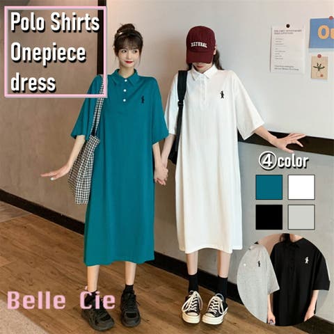 Belle Cie（ベルシー） | ポロ ワンピース 服 レディース ポロシャツ ポロ衿 半袖 ポロシャツワンピ カジュアル ワンポイント 膝丈 トップス Tシャツワンピ アメカジ 韓国ファッション 夏服 夏 韓国 おしゃれ 低身長 デート 部屋着 プチプラ かわいい 白 黒 グリーン 緑 グレー