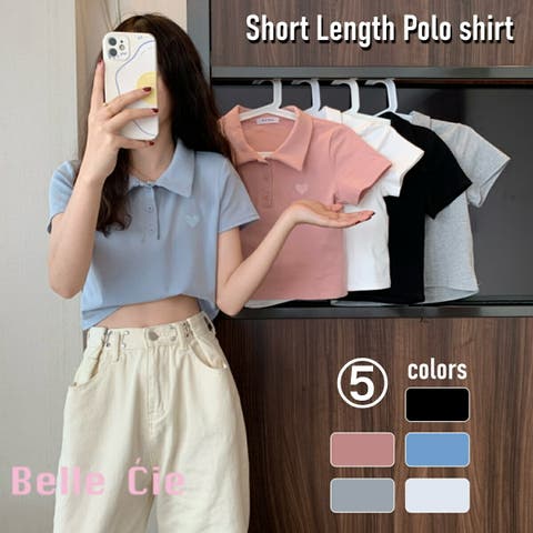 Belle Cie（ベルシー） | ショート丈 ポロシャツ レディース 短丈 トップス ポロ Tシャツ 半袖 カットソー 韓国ファッション おしゃれ かわいい シンプル ワンポイント ダンス ヒップホップ ショート丈トップス 低身長 女の子 韓国 高校生 白 黒 グレー 青 水色 ピンク グレー
