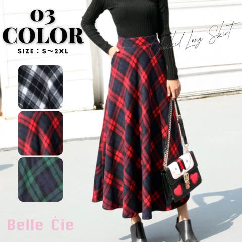 Belle Cie（ベルシー） | チェックスカート ロング丈 フレア スカート チェック柄 秋冬 あったかい 韓国ファッション レディース 韓国 ロングスカート ロング ハイウエスト ふんわり 大人 かわいい Aライン おしゃれ 長め ミモレ丈 きれいめ チェック 柄 大きいサイズ 冬 ボトムス 黒 赤 グリーン