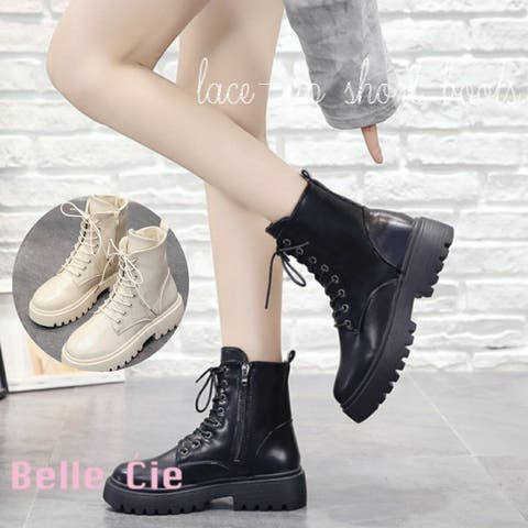 Belle Cie（ベルシー） | 編み上げブーツ レディース 韓国ファッション ショート ブーツ 厚底 シューズ 厚底ブーツ オールシーズン ハイカット おしゃれ 秋冬 春 秋 冬 韓国 ショートブーツ レースアップ きれいめ カジュアル 靴 黒 白 アイボリー 大人 マニッシュ