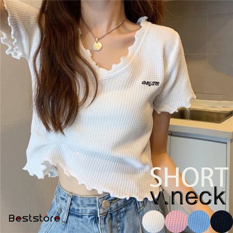 Beststore（ベストストア） | Tシャツ ショート丈 トップス カットソー 半袖 サマーニット 韓国ファション vネック ベーシック刺繍ロゴデザイン ロゴt 新作tシャツ シンプル 可愛い 無地 短丈Tシャツ 春 夏