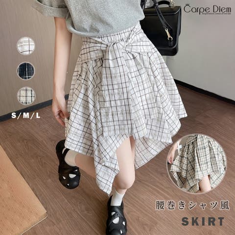 Carpe diem（カルペディエム） | 腰巻きシャツ風チェック柄 ミニスカート ショートパンツ付き 3サイズ ボトムス カジュアル韓国 夏スカート 通勤通学 学生風 ハイウエスト ゴム仕様 チェックイレヘムスカート ショート丈 ミニ丈