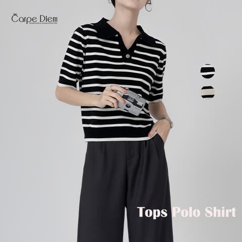 Carpe diem（カルペディエム） | ポロシャツ半袖 トップス ボーダートップス Tシャツ ボーダー 夏服 へそ出し ショート丈Tシャツ ポロシャツニット 薄手サマーニット 韓国ファッション