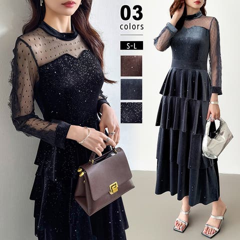 COCOMOMO(ココモモ) | パーティードレス ティアードベロアワンピース 結婚式 ワンピース ベロア ラメ レース ドレス お呼ばれ フォーマル セレモニー パーティー ベロアワンピース 長袖 シースルー ティアード オケージョン レディース キャバドレス 韓国 韓国ファッション