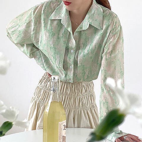 Decorative （デコラティブ） | 柄シャツ ぼかし模様 シアーシャツ 長袖 シャツ グリーン パープル ダンス 衣装 コスチューム 韓国ファッション 大きいサイズ 個性的 服