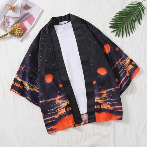 Decorative （デコラティブ） | はっぴ 天燈 望楼 灯籠 提灯 星空 羽織り 法被 半纏 和柄 和風 黒 橙色 ダンス 衣装 コスチューム 日本 かっこいい 大きいサイズ 個性的 服 ユニセックス