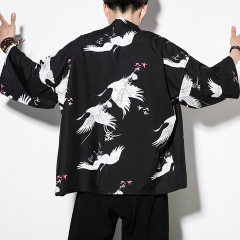 Decorative （デコラティブ） | はっぴ 鶴柄 丹頂鶴 ツル 黒 花 羽織り 法被 半纏 和柄 和風 ダンス 衣装 コスチューム 日本 かっこいい 大きいサイズ 個性的 服 ユニセックス