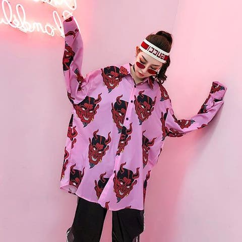 Decorative （デコラティブ） | 柄シャツ 赤鬼 悪魔 デビル マットサテン ビッグシルエット 長袖 シャツ ダンス 衣装 コスチューム 韓国ファッション 大きいサイズ 個性的 服