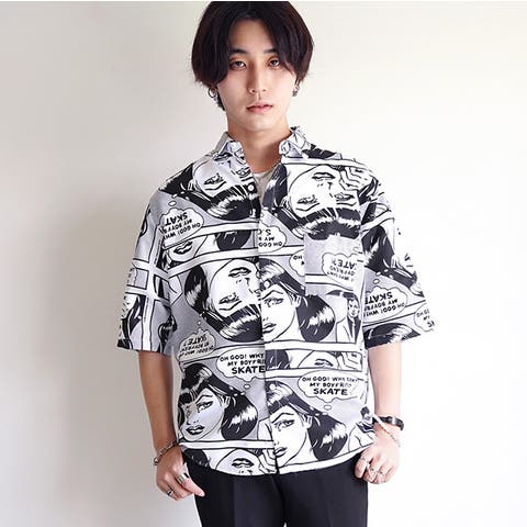 Decorative （デコラティブ） | 柄シャツ アメコミパターン ビッグシルエット モノクロ 半袖 シャツ ダンス 衣装 ヒップホップ コスチューム 韓国ファッション 大きいサイズ 個性的 服 原宿系