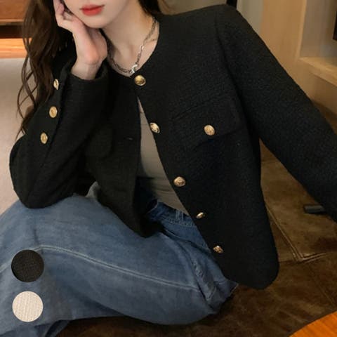 3uers（スリーユアーズ） | ゴールドボタン 韓国ファッション 秋服 ノーカラー ツイードジャケット