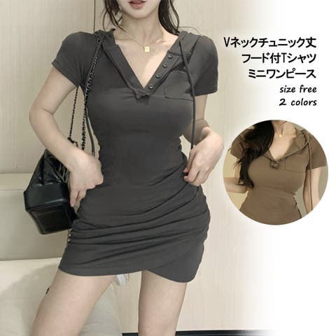 G&L Style（ジーアンドエルスタイル） | Vネックチュニック丈フード付Tシャツミニワンピース　10352