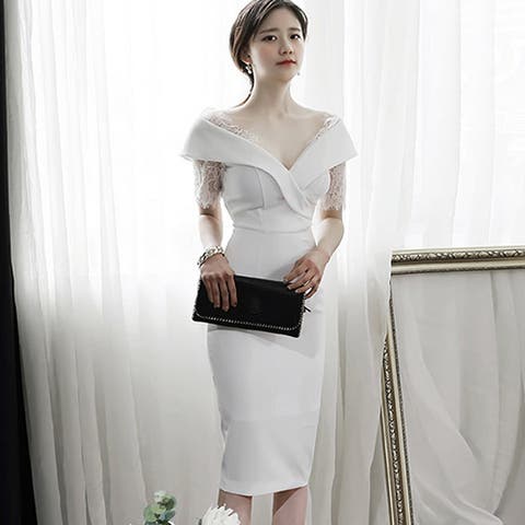 GRAXIA(グラシア) | オフショル襟とレース袖がリッチなドレス(SEXYDRESS) ホワイト