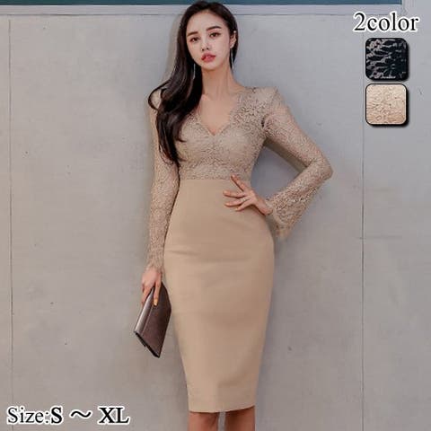 GRAXIA(グラシア) | デコルテラインの美しさを強調するVネックのレースコンビワンピース(キャバドレス・CABARETDRESS)