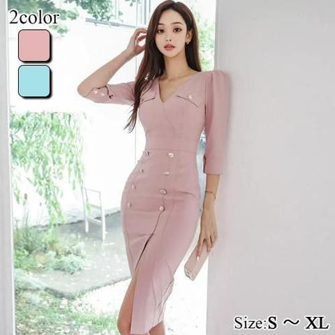 GRAXIA（グラシア） | ゴールドボタンアクセント七分袖Vネックワンピース(キャバドレス・CABARETDRESS)