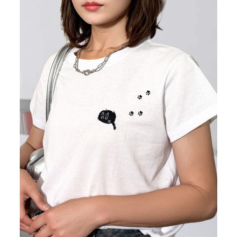 GROOVY STORE（グルービーストア） | 【刺繍】黒猫 ワンポイント Tシャツ半袖 グラフィック クロネコ 足跡 ハート