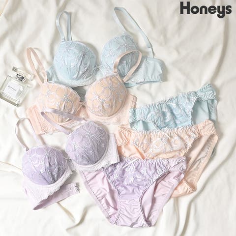 Honeys（ハニーズ） | 下着 アンダーウェア ブラセット ブラジャー ショーツ ソフトワイヤー チュール ラメ糸入り リボン柄刺繍 レディース Honeys ハニーズ リボン刺繍ブラセット