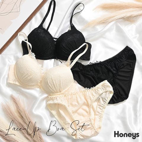 Honeys（ハニーズ） | 下着 アンダーウェア ブラセット レースアップ 花柄レース ソフトワイヤー パッド付き ガーリー レディース Honeys ハニーズ レースアップブラセット